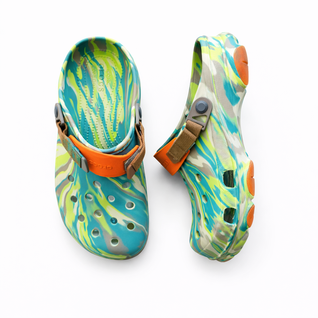 Aqua Neon Marble Clogs – Lightweight & Bold Style